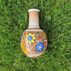 Hand Painted Folkart Floral Ceramic Vase with Birds 8 inch Cuernavaca Mexico